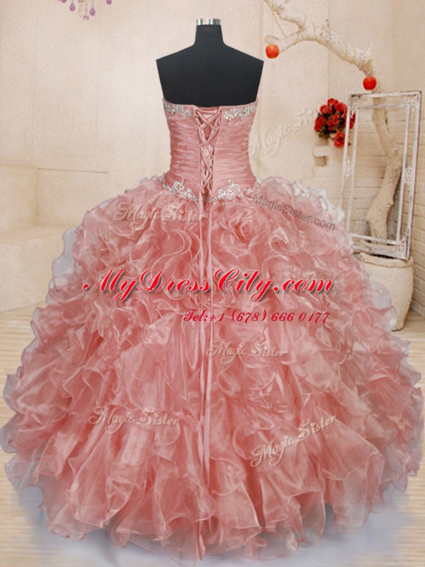 Romantic Watermelon Red Sleeveless Floor Length Beading and Ruffles Lace Up 15 Quinceanera Dress