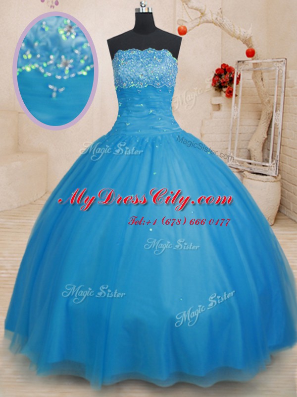 Baby Blue Strapless Lace Up Beading Sweet 16 Quinceanera Dress Sleeveless