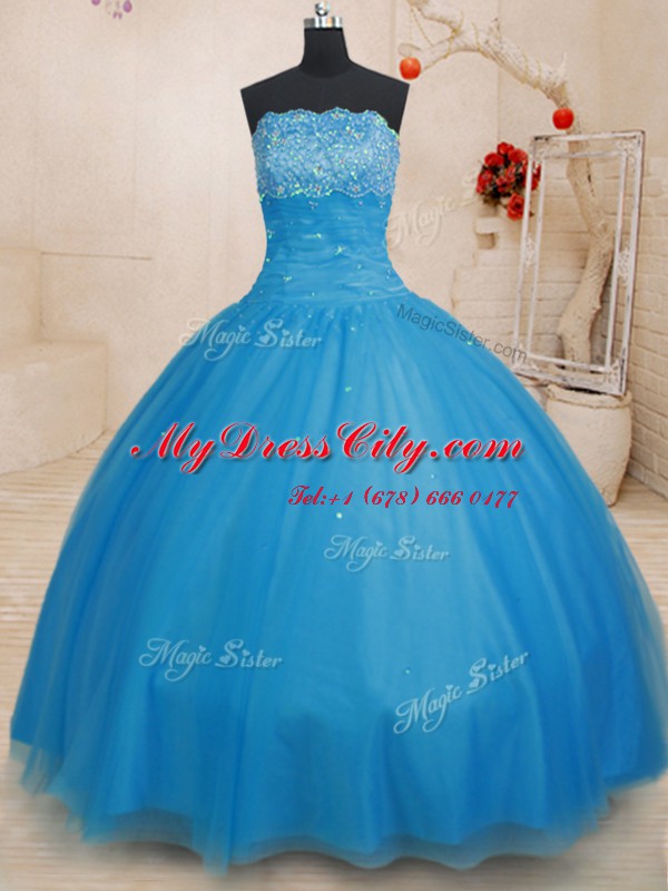 Baby Blue Strapless Lace Up Beading Sweet 16 Quinceanera Dress Sleeveless