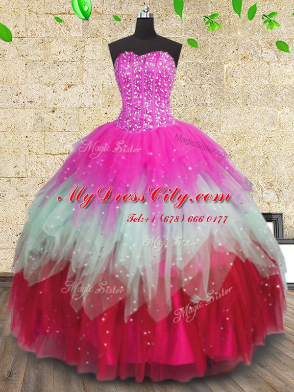 Ruffled Ball Gowns 15 Quinceanera Dress Multi-color Sweetheart Tulle Sleeveless Floor Length Lace Up