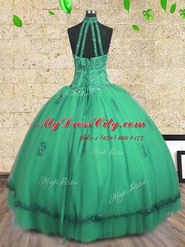 High Quality Halter Top Sleeveless Lace Up Floor Length Beading 15th Birthday Dress