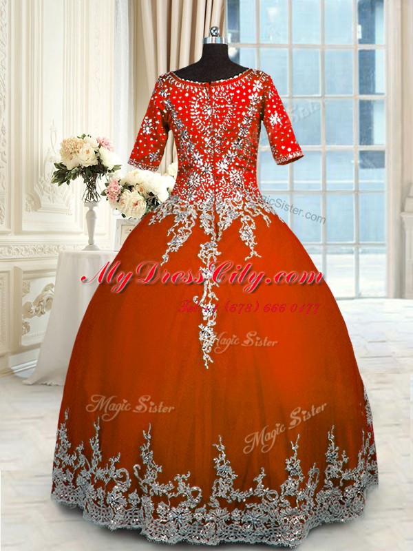 Tulle Half Sleeves Floor Length Quinceanera Dresses and Beading and Appliques and Ruffles