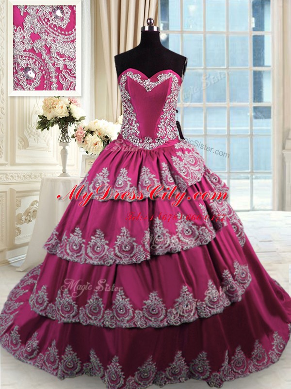 Charming Fuchsia Sweetheart Lace Up Beading and Appliques and Ruffled Layers Quinceanera Dresses Court Train Sleeveless