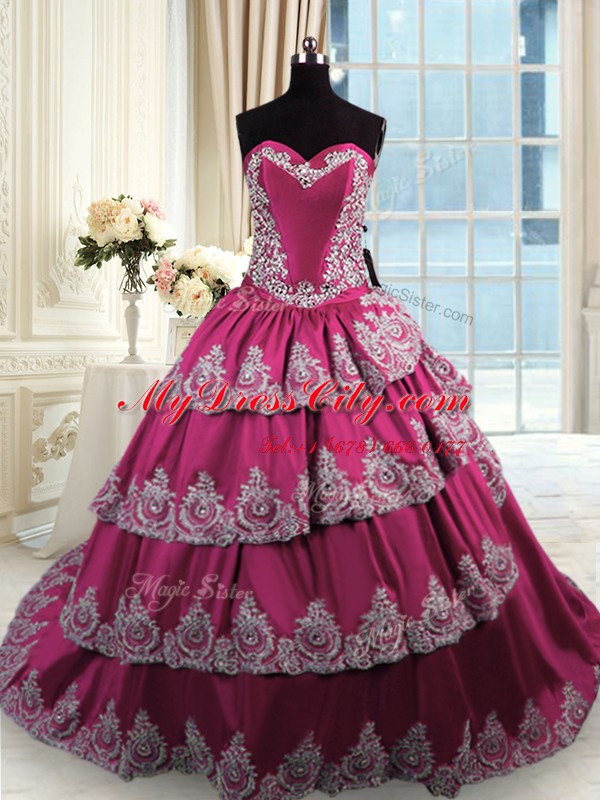 Charming Fuchsia Sweetheart Lace Up Beading and Appliques and Ruffled Layers Quinceanera Dresses Court Train Sleeveless