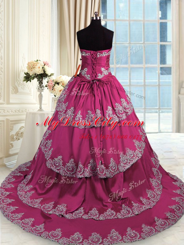 Charming Fuchsia Sweetheart Lace Up Beading and Appliques and Ruffled Layers Quinceanera Dresses Court Train Sleeveless