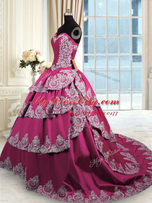 Charming Fuchsia Sweetheart Lace Up Beading and Appliques and Ruffled Layers Quinceanera Dresses Court Train Sleeveless