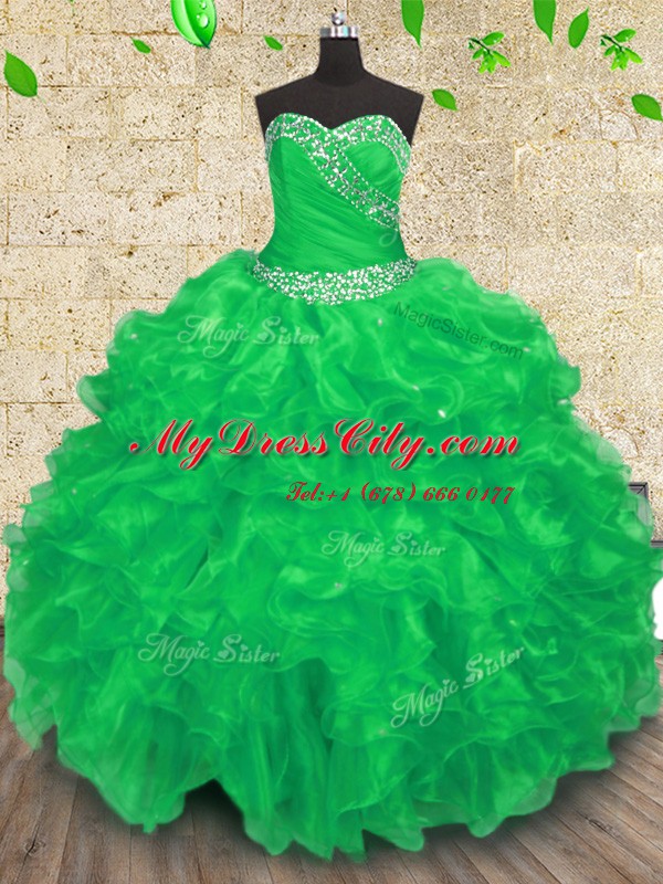 Most Popular Sweetheart Sleeveless Organza Quince Ball Gowns Beading and Appliques and Ruffles and Ruching Lace Up