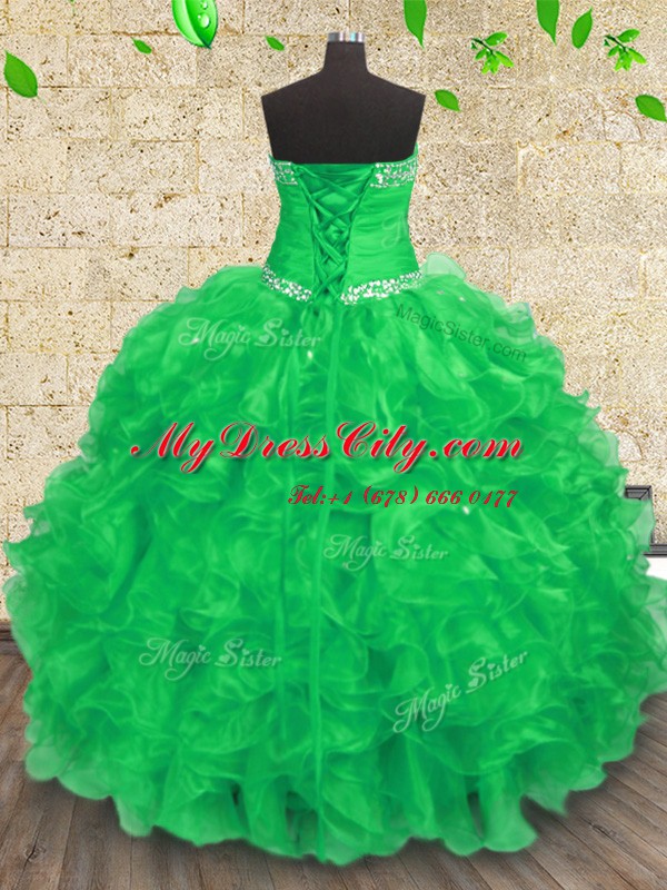 Most Popular Sweetheart Sleeveless Organza Quince Ball Gowns Beading and Appliques and Ruffles and Ruching Lace Up