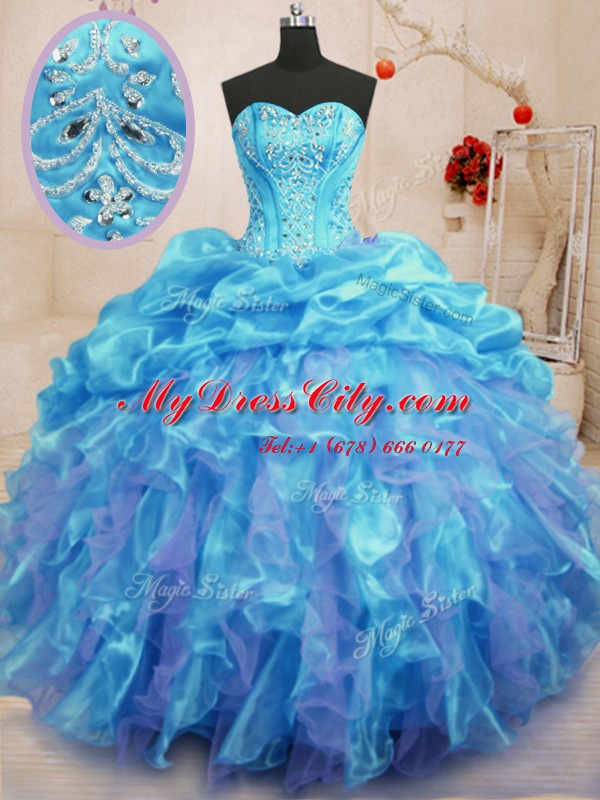 Top Selling Aqua Blue Sleeveless Beading and Ruffles Floor Length 15th Birthday Dress