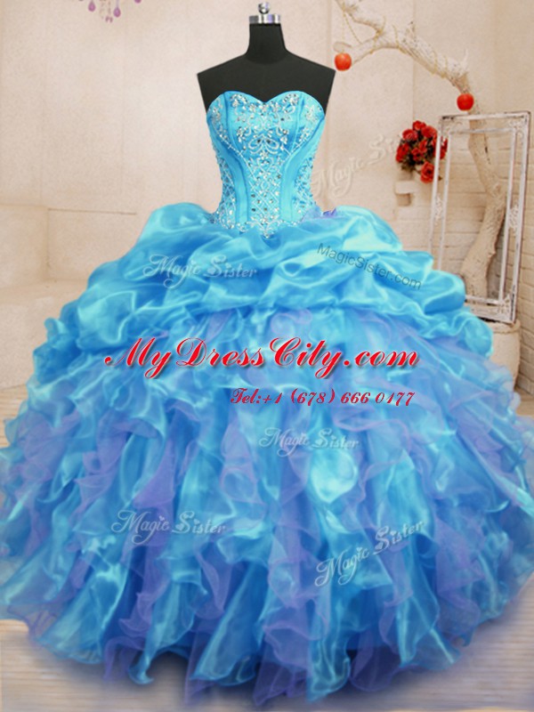 Top Selling Aqua Blue Sleeveless Beading and Ruffles Floor Length 15th Birthday Dress