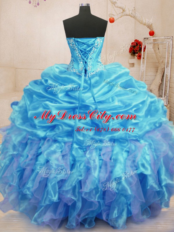 Top Selling Aqua Blue Sleeveless Beading and Ruffles Floor Length 15th Birthday Dress