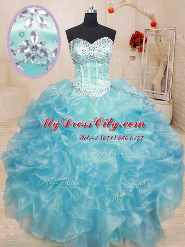 Fantastic Sleeveless Organza Floor Length Lace Up Sweet 16 Quinceanera Dress in Aqua Blue with Beading and Ruffles