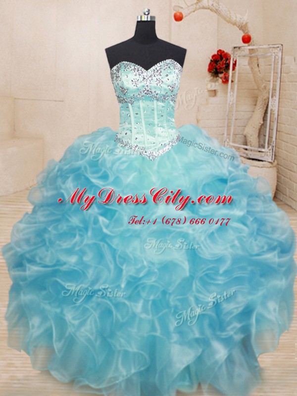 Fantastic Sleeveless Organza Floor Length Lace Up Sweet 16 Quinceanera Dress in Aqua Blue with Beading and Ruffles