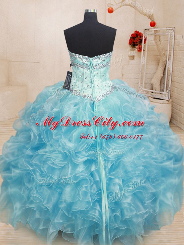 Fantastic Sleeveless Organza Floor Length Lace Up Sweet 16 Quinceanera Dress in Aqua Blue with Beading and Ruffles