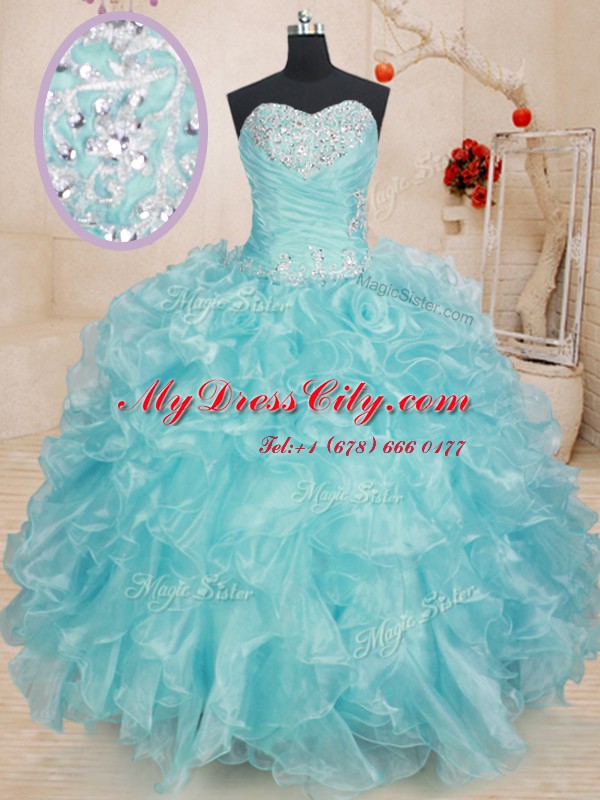 Custom Designed Blue Quinceanera Dress Military Ball and Sweet 16 and Quinceanera and For with Beading and Ruffles Sweetheart Sleeveless Lace Up