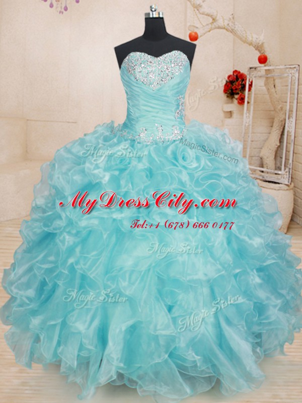 Custom Designed Blue Quinceanera Dress Military Ball and Sweet 16 and Quinceanera and For with Beading and Ruffles Sweetheart Sleeveless Lace Up