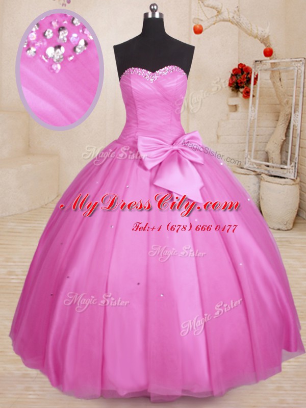 Lilac Sleeveless Beading and Bowknot Floor Length 15 Quinceanera Dress