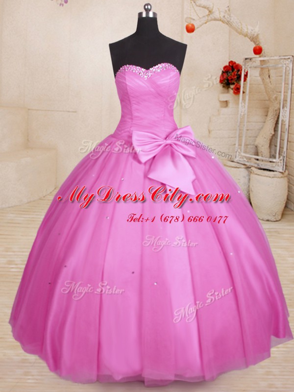 Lilac Sleeveless Beading and Bowknot Floor Length 15 Quinceanera Dress