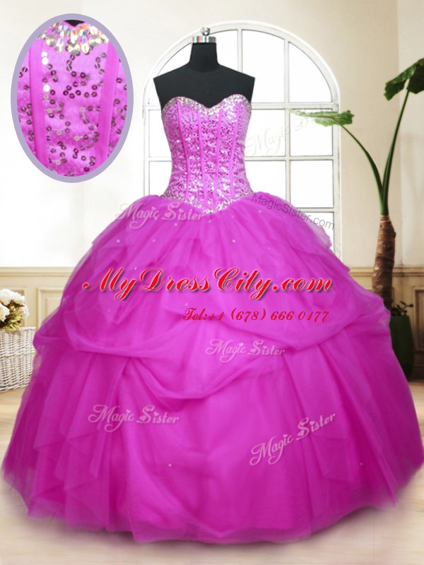 High End Sweetheart Sleeveless 15th Birthday Dress Floor Length Sequins and Pick Ups Fuchsia Tulle