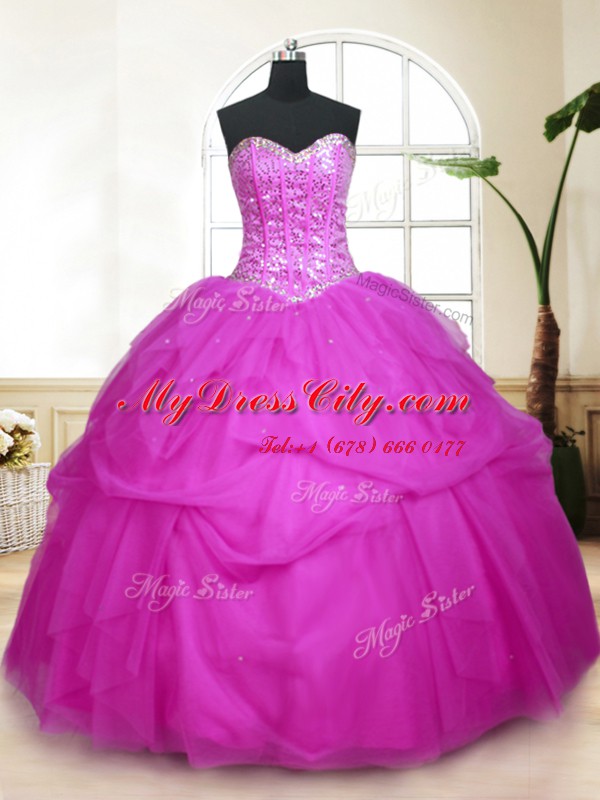 High End Sweetheart Sleeveless 15th Birthday Dress Floor Length Sequins and Pick Ups Fuchsia Tulle