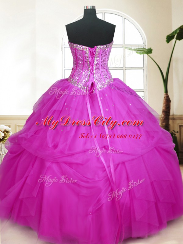 High End Sweetheart Sleeveless 15th Birthday Dress Floor Length Sequins and Pick Ups Fuchsia Tulle