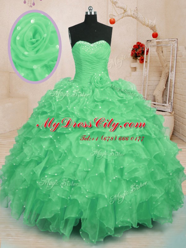 High End Organza Sweetheart Sleeveless Lace Up Beading and Ruffles and Hand Made Flower Quinceanera Dress in Green