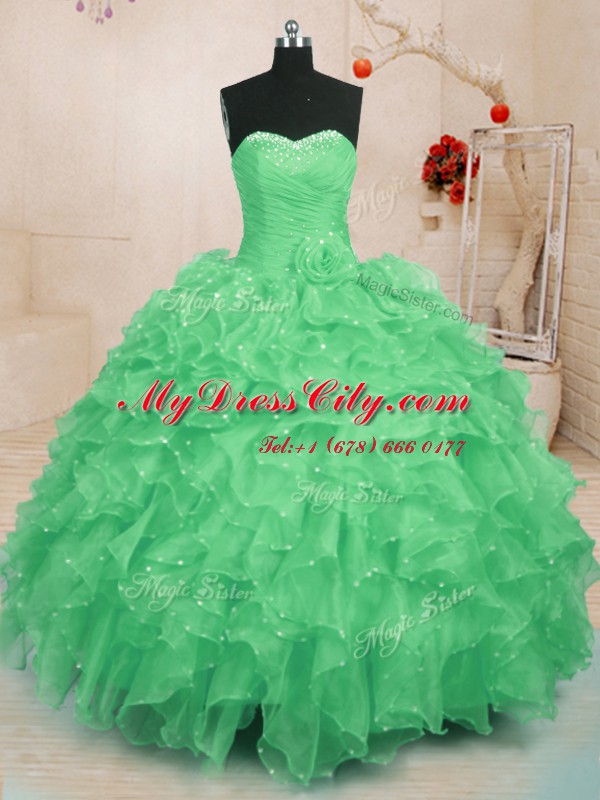 High End Organza Sweetheart Sleeveless Lace Up Beading and Ruffles and Hand Made Flower Quinceanera Dress in Green