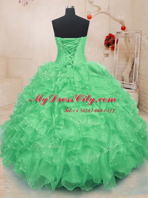 High End Organza Sweetheart Sleeveless Lace Up Beading and Ruffles and Hand Made Flower Quinceanera Dress in Green