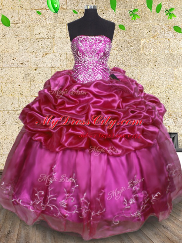 Fine Pick Ups Ball Gowns Quinceanera Gowns Fuchsia Strapless Organza Sleeveless Floor Length Lace Up