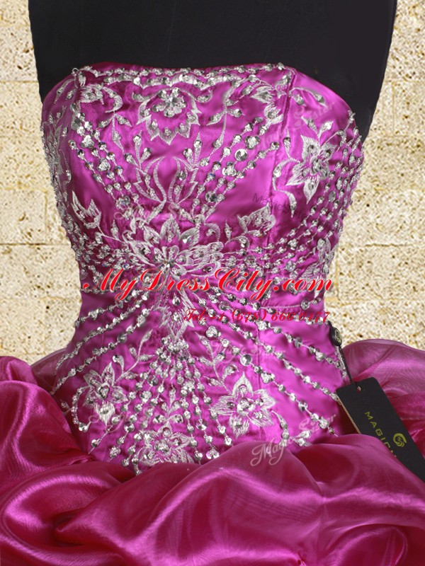 Fine Pick Ups Ball Gowns Quinceanera Gowns Fuchsia Strapless Organza Sleeveless Floor Length Lace Up