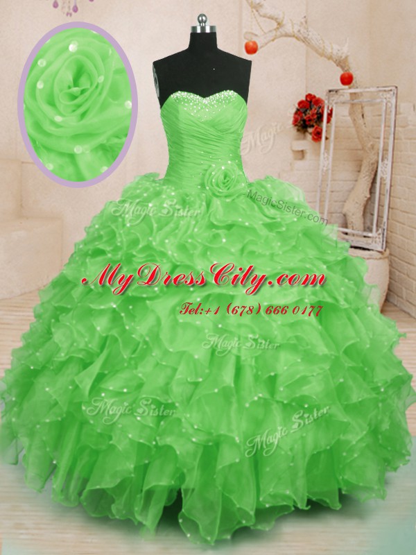 Dazzling Sweetheart Lace Up Beading and Ruffles and Hand Made Flower Quinceanera Dress Sleeveless