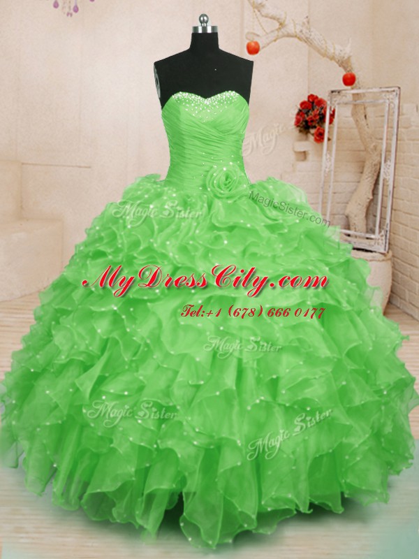 Dazzling Sweetheart Lace Up Beading and Ruffles and Hand Made Flower Quinceanera Dress Sleeveless