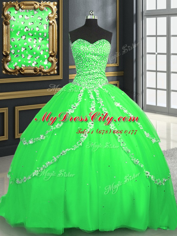 Sweetheart Sleeveless Tulle Quinceanera Dress Beading and Appliques Brush Train Lace Up