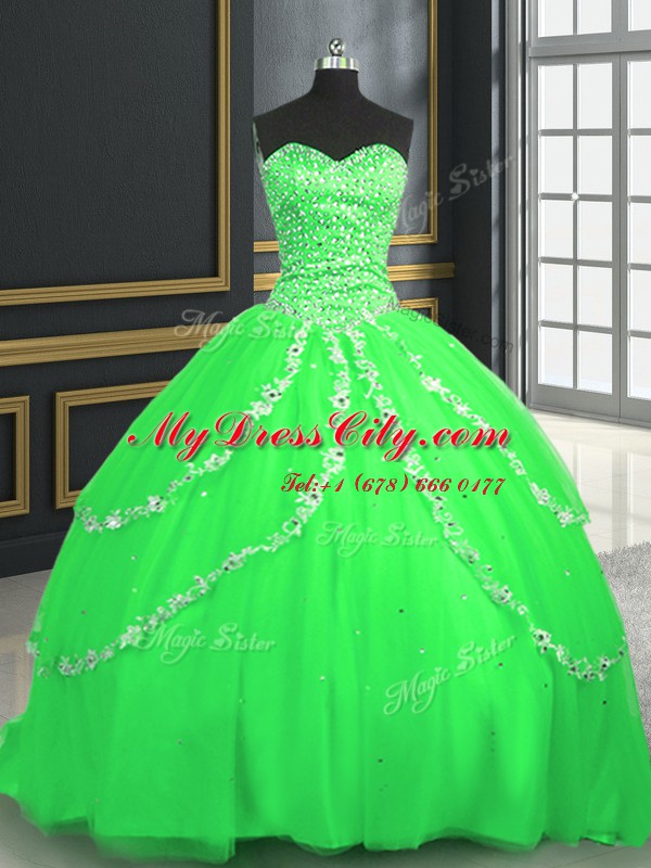 Sweetheart Sleeveless Tulle Quinceanera Dress Beading and Appliques Brush Train Lace Up