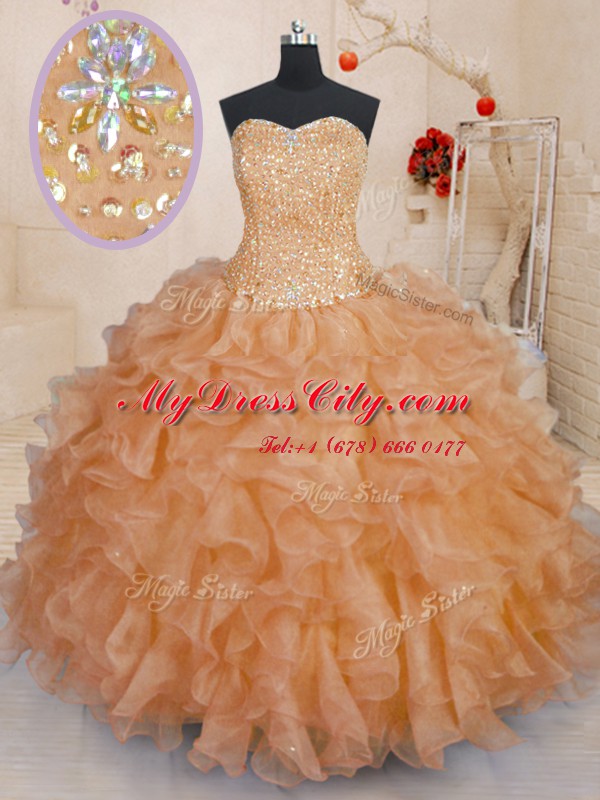 Captivating Orange Organza Lace Up Sweetheart Sleeveless Floor Length 15 Quinceanera Dress Beading and Ruffles