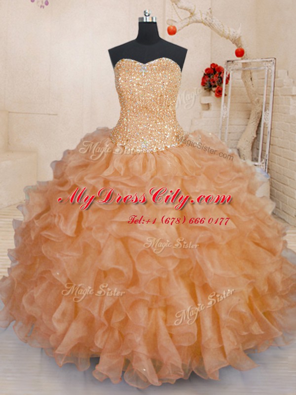 Captivating Orange Organza Lace Up Sweetheart Sleeveless Floor Length 15 Quinceanera Dress Beading and Ruffles