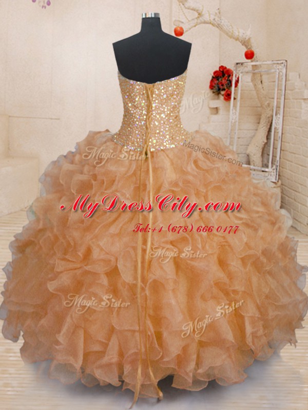 Captivating Orange Organza Lace Up Sweetheart Sleeveless Floor Length 15 Quinceanera Dress Beading and Ruffles