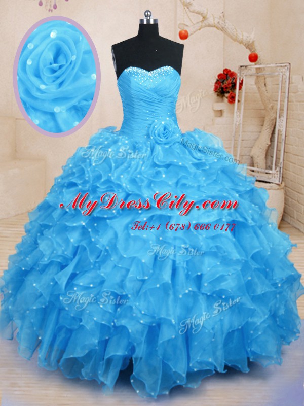 Sleeveless Beading and Ruffles and Hand Made Flower Lace Up Vestidos de Quinceanera