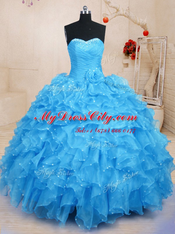 Sleeveless Beading and Ruffles and Hand Made Flower Lace Up Vestidos de Quinceanera