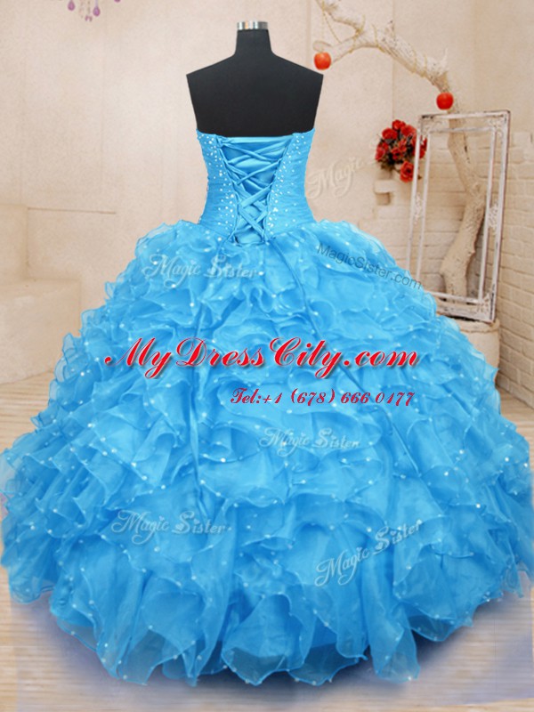 Sleeveless Beading and Ruffles and Hand Made Flower Lace Up Vestidos de Quinceanera