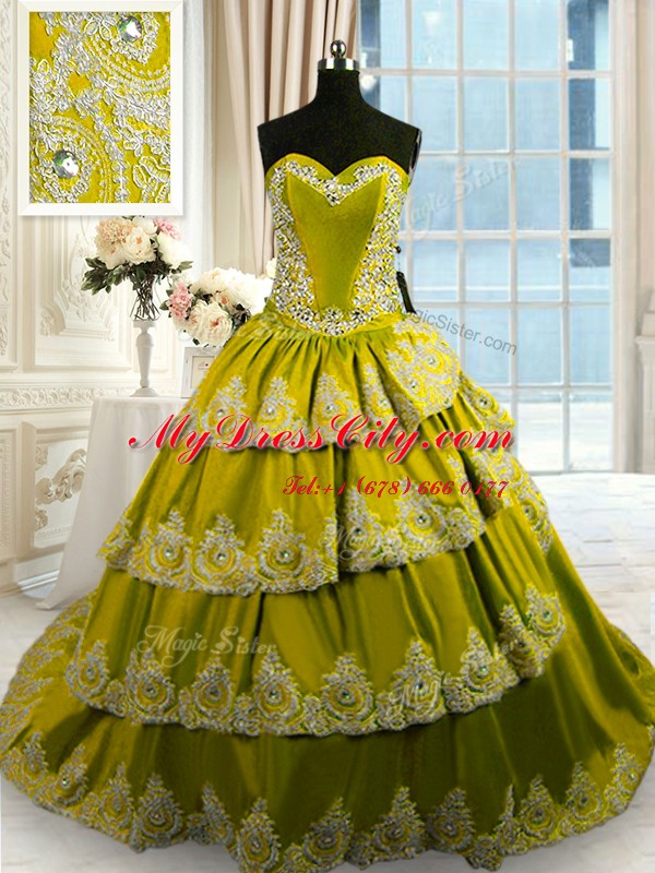 Most Popular Olive Green Taffeta Lace Up Sweetheart Sleeveless With Train Quinceanera Gowns Court Train Beading and Appliques and Ruffled Layers