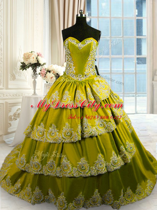 Most Popular Olive Green Taffeta Lace Up Sweetheart Sleeveless With Train Quinceanera Gowns Court Train Beading and Appliques and Ruffled Layers