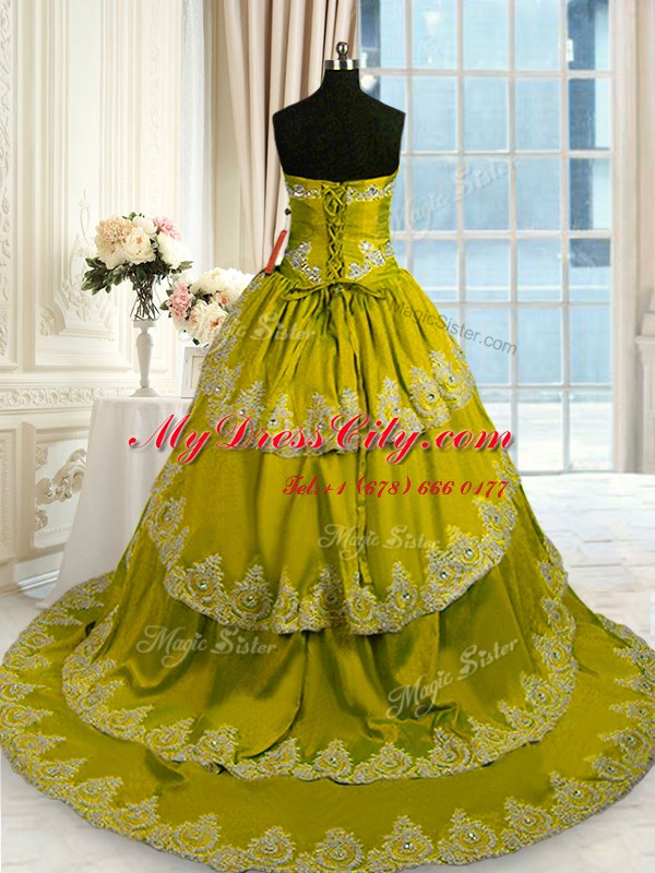 Most Popular Olive Green Taffeta Lace Up Sweetheart Sleeveless With Train Quinceanera Gowns Court Train Beading and Appliques and Ruffled Layers