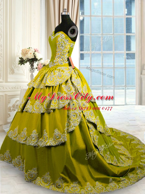 Most Popular Olive Green Taffeta Lace Up Sweetheart Sleeveless With Train Quinceanera Gowns Court Train Beading and Appliques and Ruffled Layers