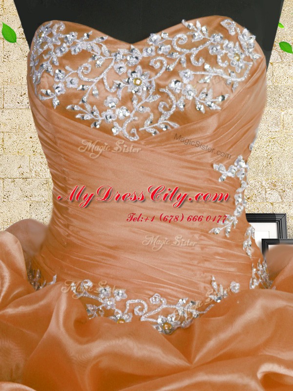 Great Floor Length Lace Up Sweet 16 Dress Orange for Military Ball and Sweet 16 and Quinceanera with Beading and Appliques and Ruffles and Sequins