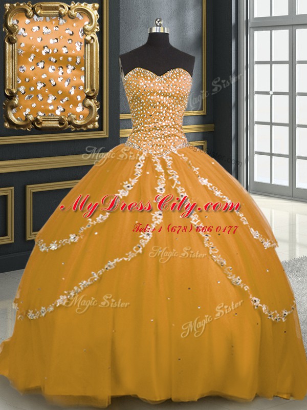 Super Sweetheart Sleeveless Ball Gown Prom Dress With Brush Train Beading and Appliques Gold Tulle