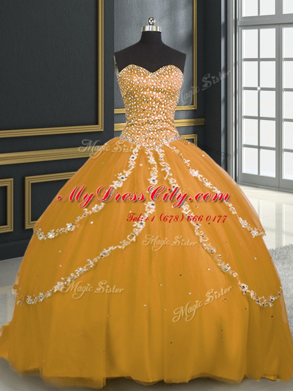 Super Sweetheart Sleeveless Ball Gown Prom Dress With Brush Train Beading and Appliques Gold Tulle