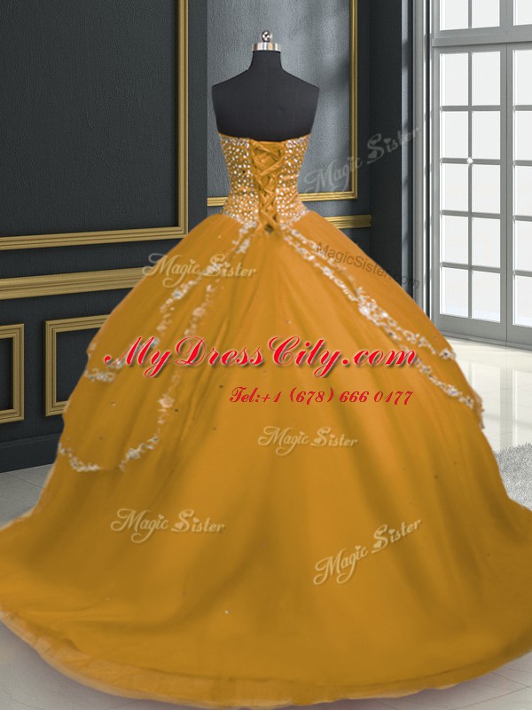 Super Sweetheart Sleeveless Ball Gown Prom Dress With Brush Train Beading and Appliques Gold Tulle