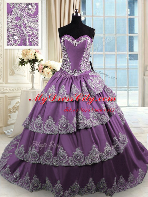 Traditional Sleeveless Lace Up With Train Beading and Appliques and Ruffled Layers Quinceanera Dress