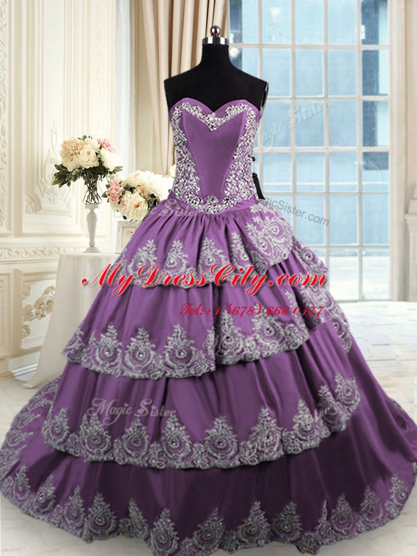 Traditional Sleeveless Lace Up With Train Beading and Appliques and Ruffled Layers Quinceanera Dress